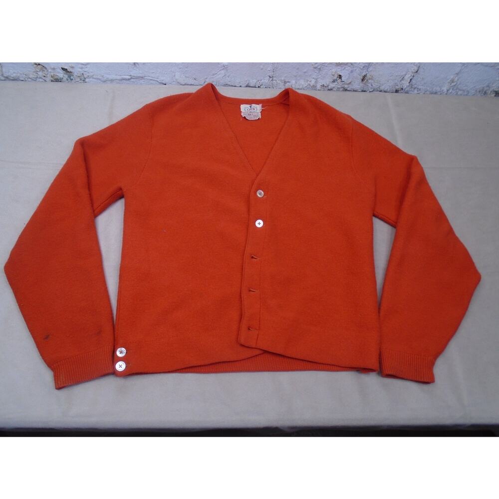 VTG Lord Jeff 100% Australian Wool Mens OrangeCardigan Sweater L Golf Preppy